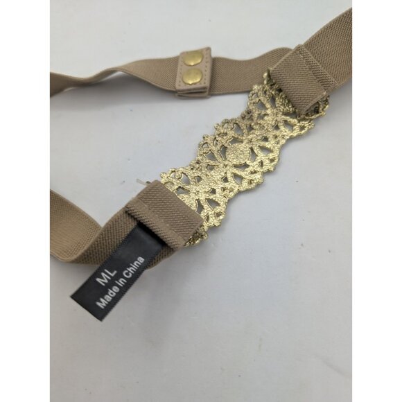 Waist Belt Women's M/L Metal Gold Rhinestone Elastic Snap Closure Tan Y2K glam - Picture 4 of 13